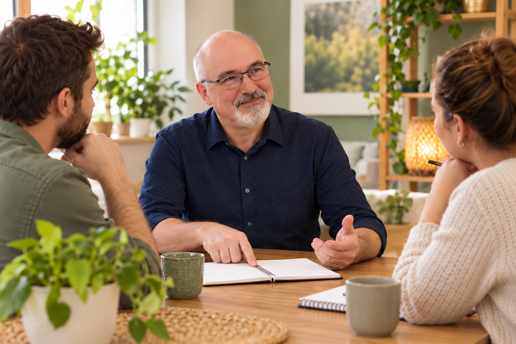Un formateur accompagne deux participants lors d’une formation ANKALYA.