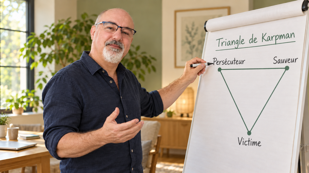 Hervé Delecroix présente le triangle de Karpman au paperboard : persécuteur, sauveur et victime.